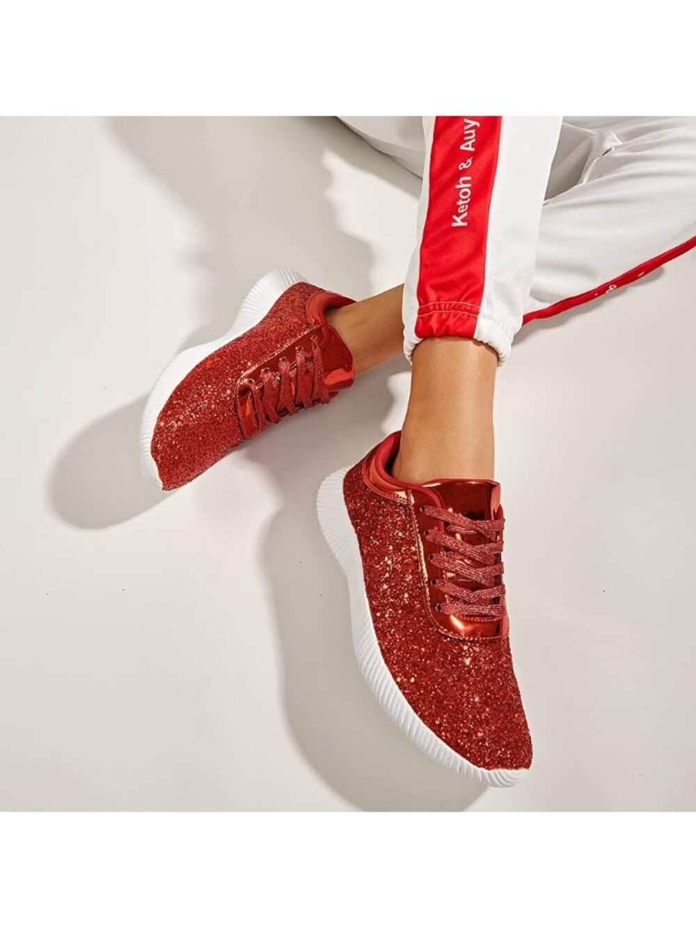 Women's Red Lightweight Tennis Shoes Glitter Sparkly Fashion Sneakers - Picture 3 of 6